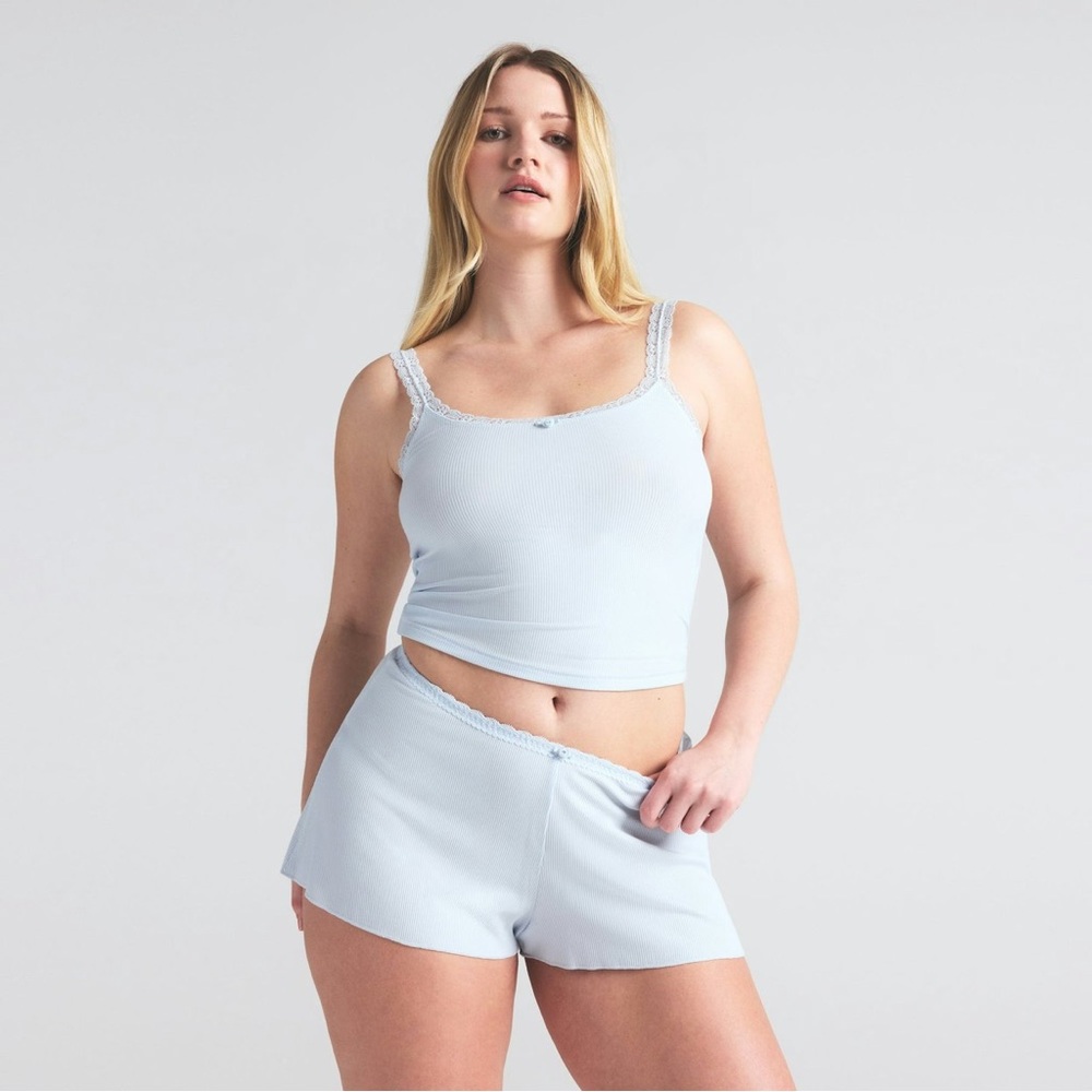 Skims Soft Lounge Lace Trim Ribbed Camisole Cami Shirt in Mineral Blue - Picture 2 of 13